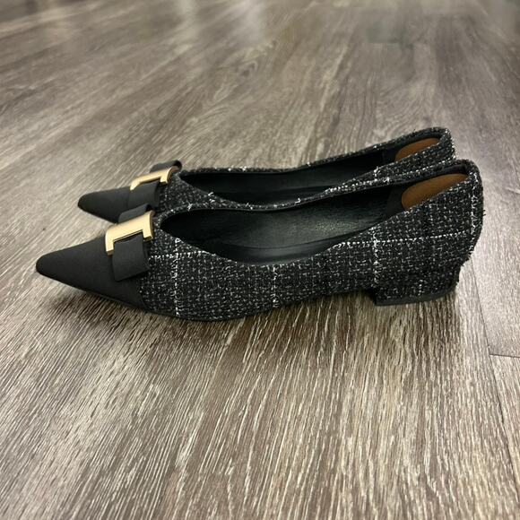 C. Paravano Aida Tweed Pointed Toe Flats Black Gold Metal Bow US 9 Workwear EUC - Picture 9 of 16